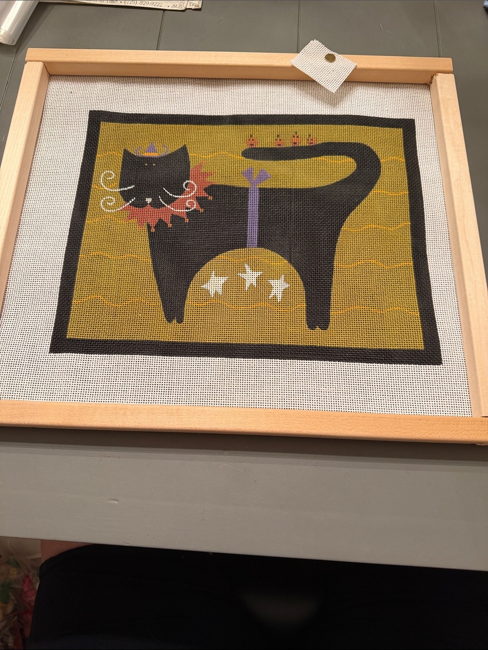 black cat in Halloween  handpainted needlepoint 🐈‍⬛